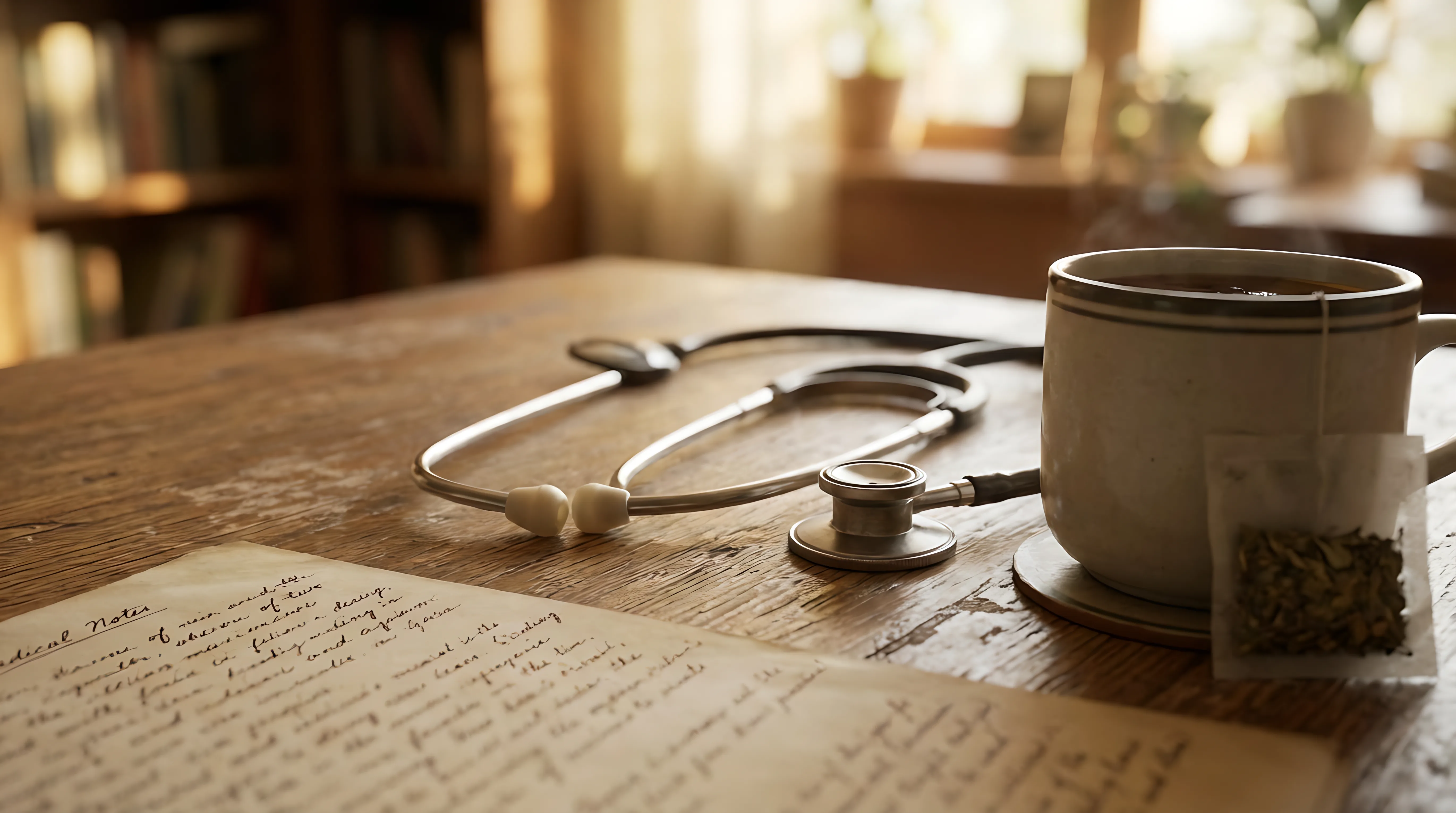 Stethoscope on wooden desk warm morning light Spanish Town Jamaica