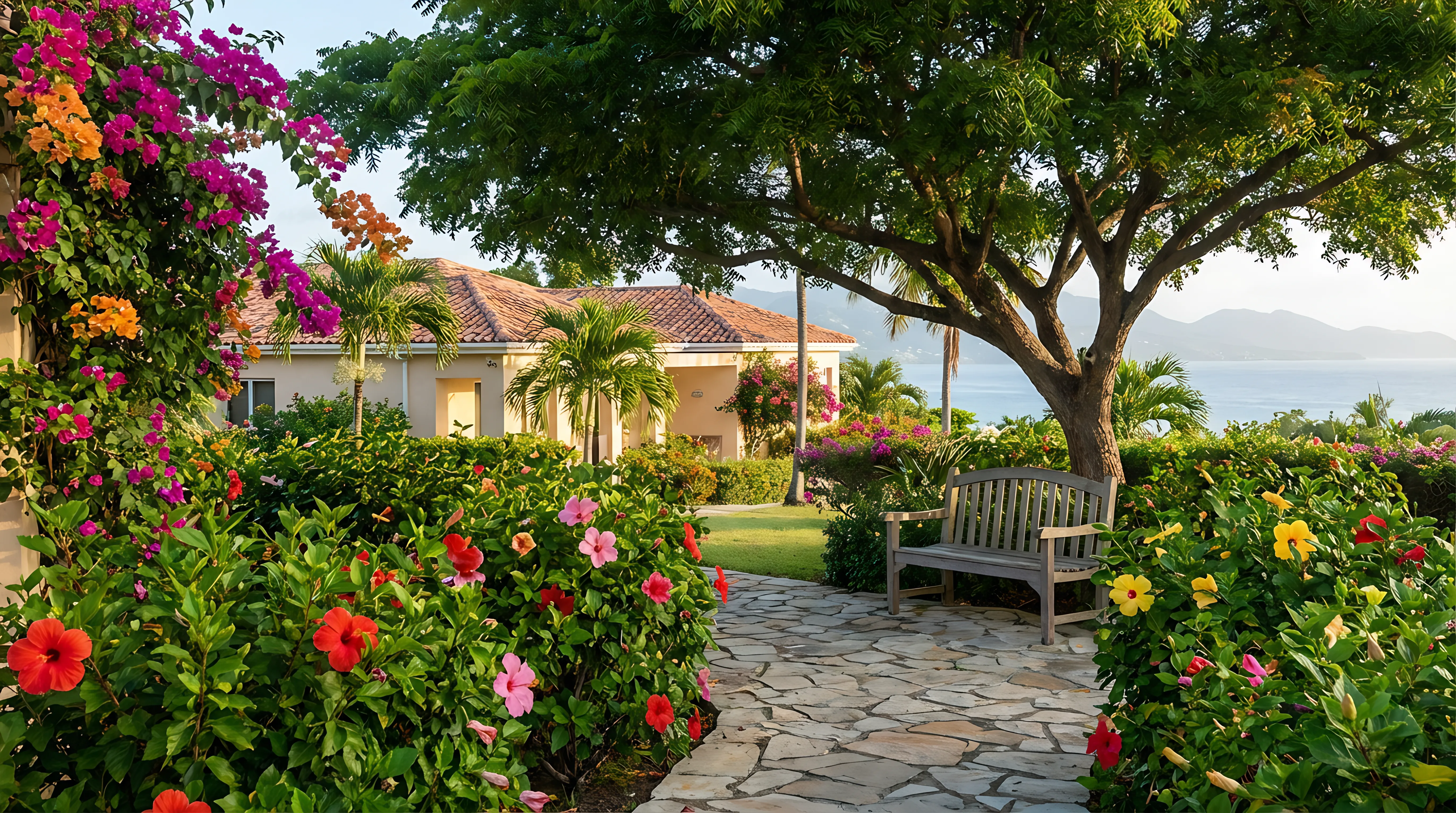Tropical healing garden with Caribbean flowers Spanish Town Jamaica